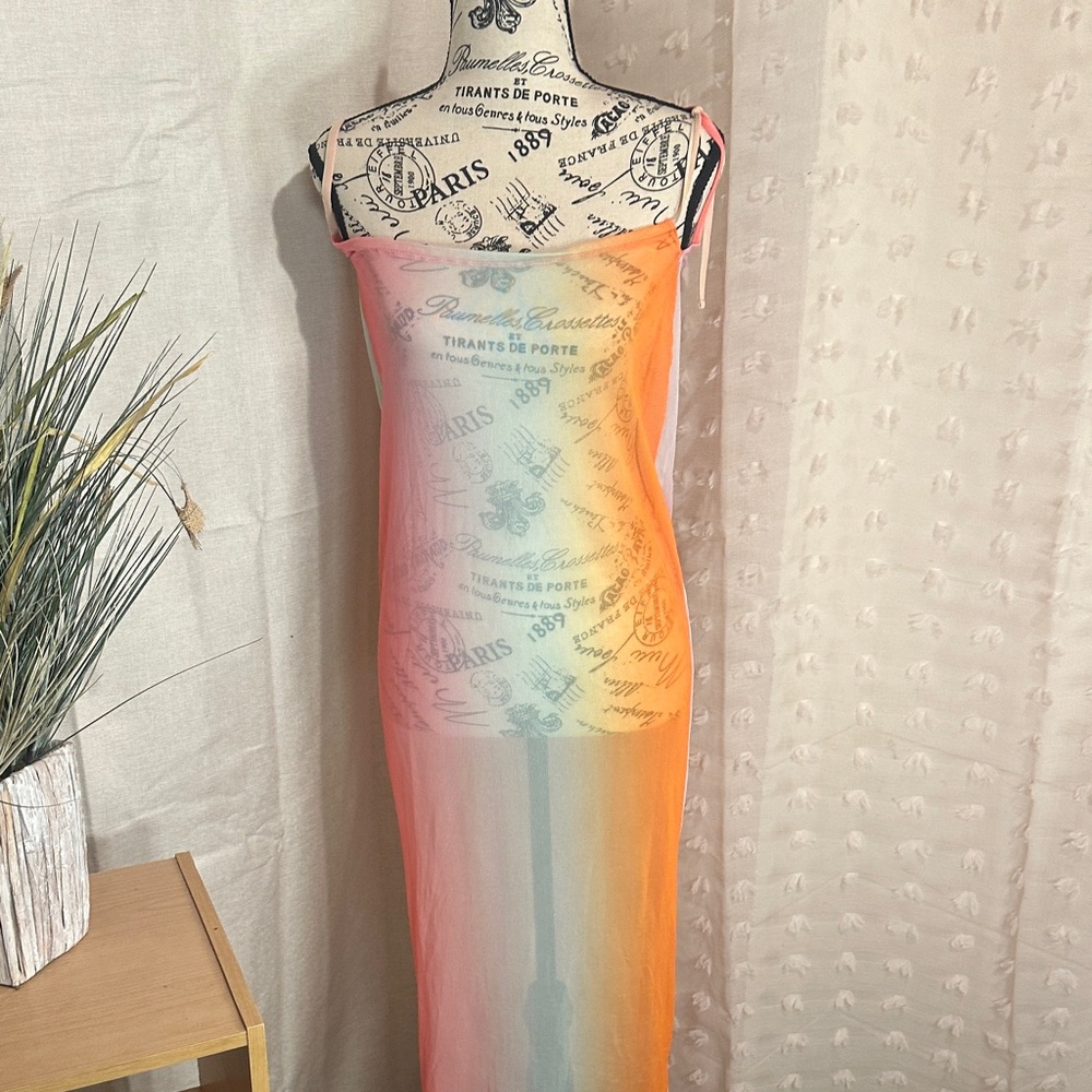 Sheer Ombre Strap Dress in Coral-Blue
